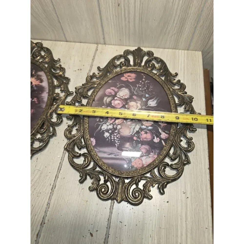 Vintage Set Of Italian Ornate Brass Framed Oval Prints Convex Bubble Glass 10x13
